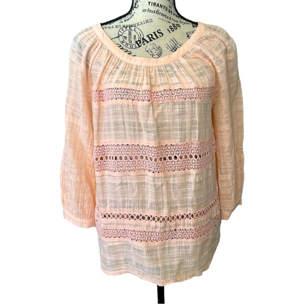 Ann Taylor LOFT Gauze Peach Semi Sheer Peasant Quarter Button Cuff Sleeve Top